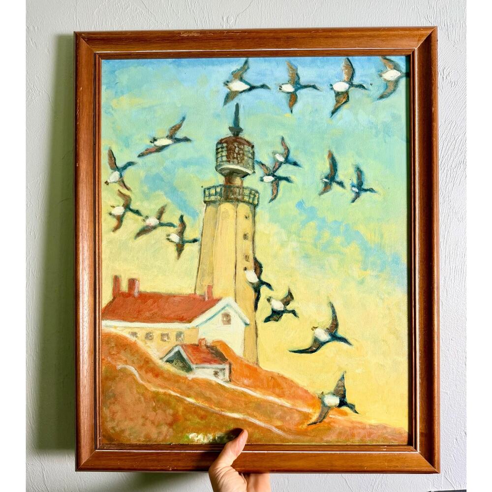 Vintage Original Lighthouse Painting Flying Seabirds Signed Coastal Wall Decor - Picture 10 of 14